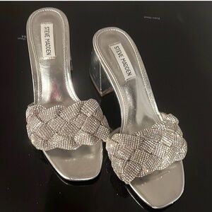 Steve Madden Silver Braided Crystal Block Heel Mules